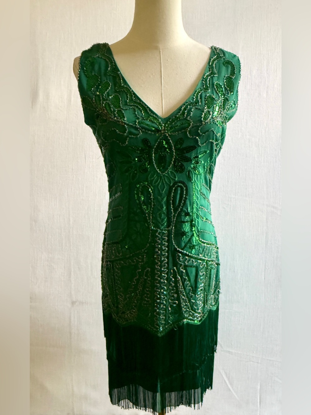 EUC BABEYOND 1920s Great Gatsby Flapper Dress Emerald Green Sequin Fringe Size M